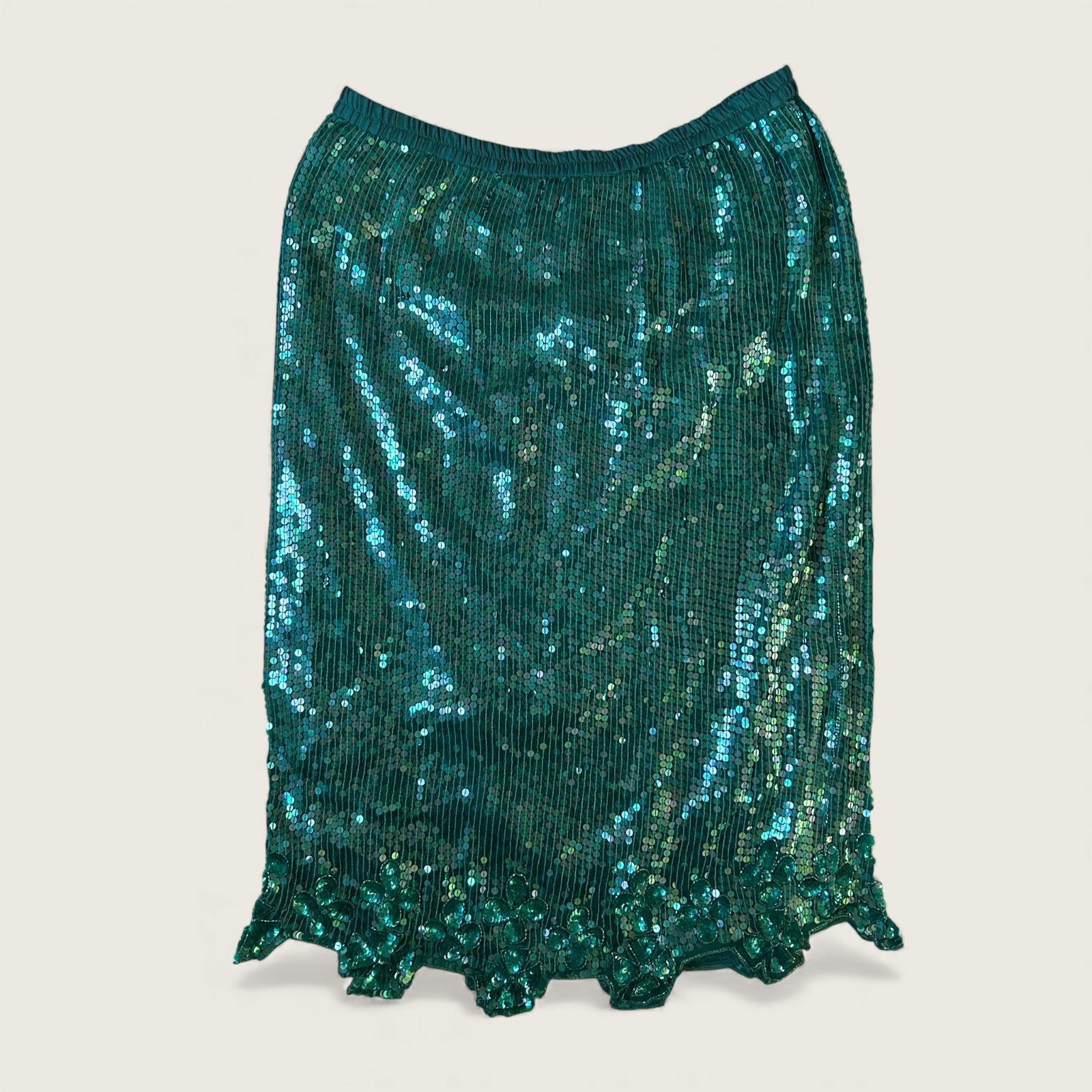 Vintage Scala Silk Turquoise Green Sequin Skirt Beaded Hem Evening Party 2X Plus
