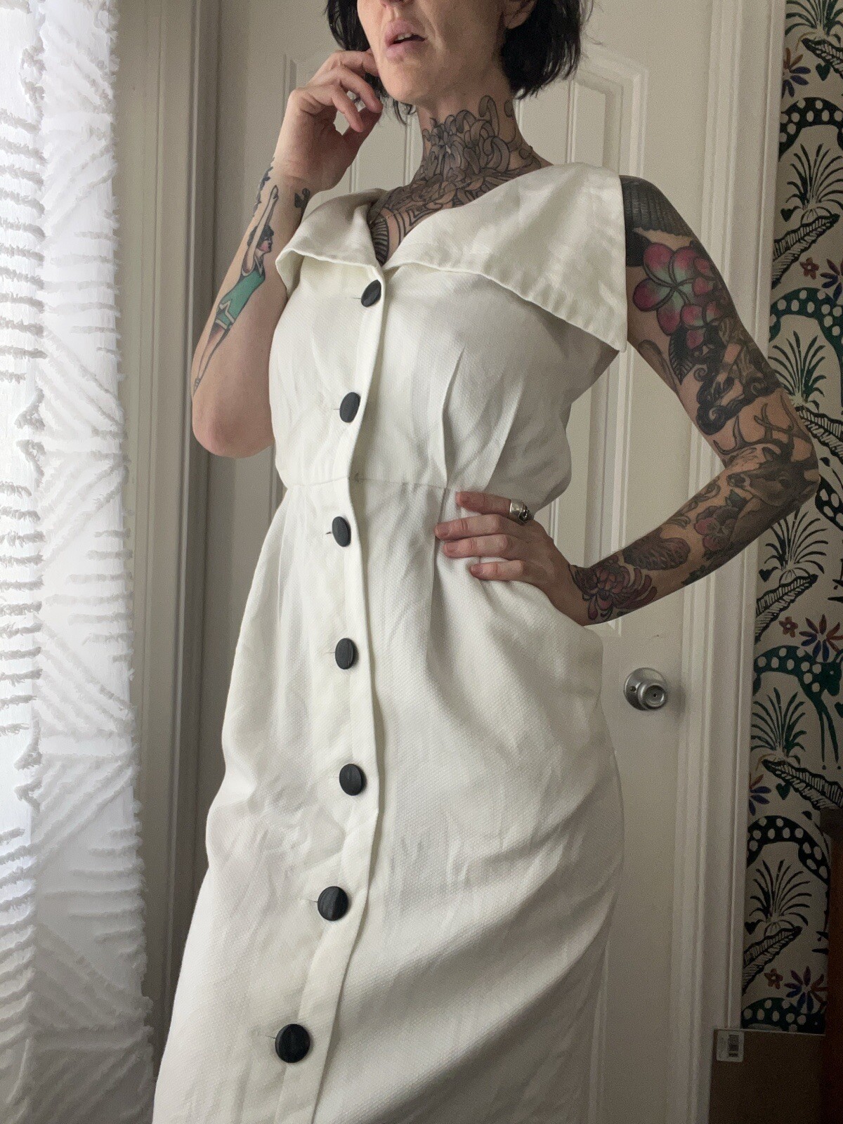 Vtg 80s Anthony Muto For Moroci Cotton Pinup Pencil Dress Old Money Preppy S/M