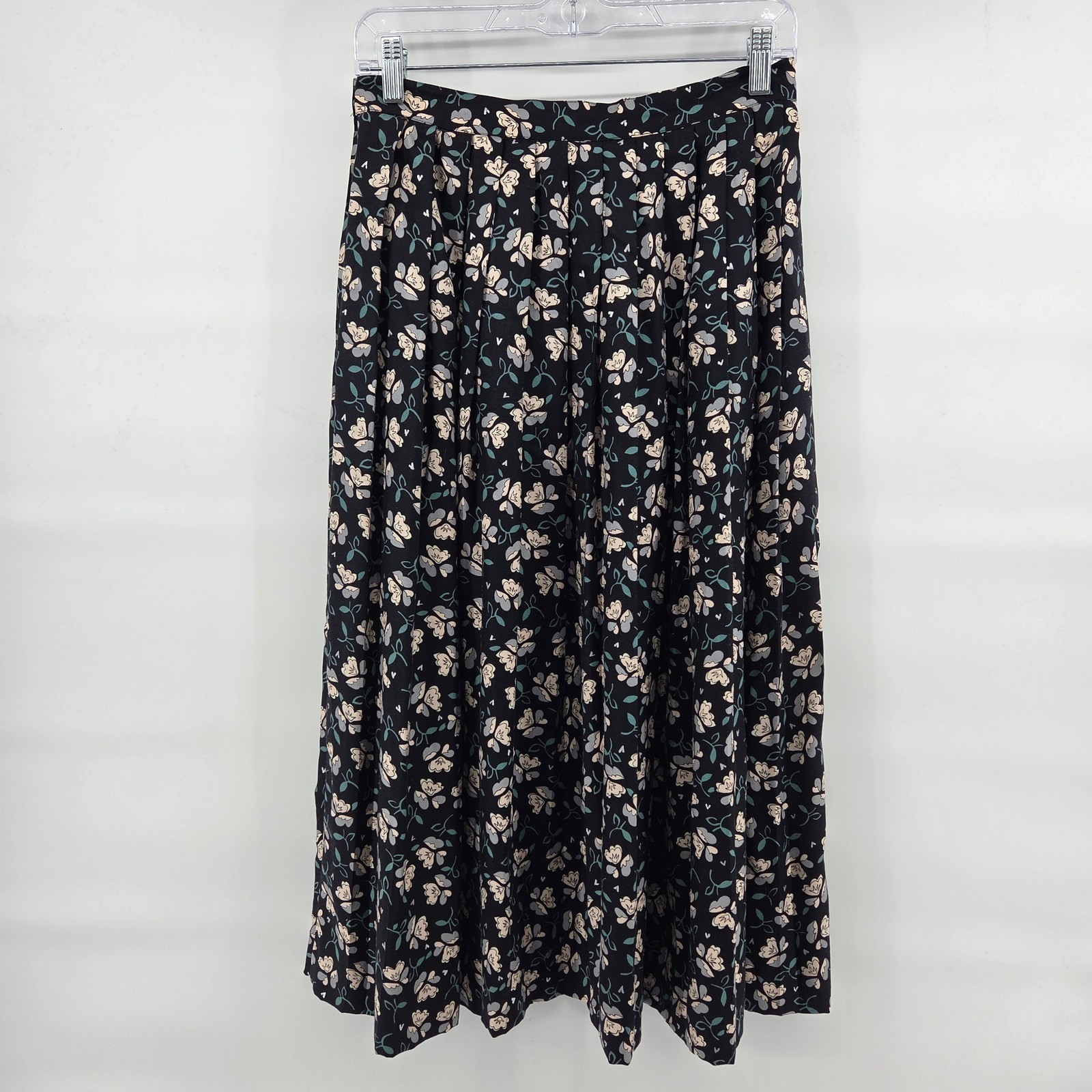 Cambridge Spirit Vintage Midi Skirt 10 Navy Blue Floral Pleated Cottagecore Boho