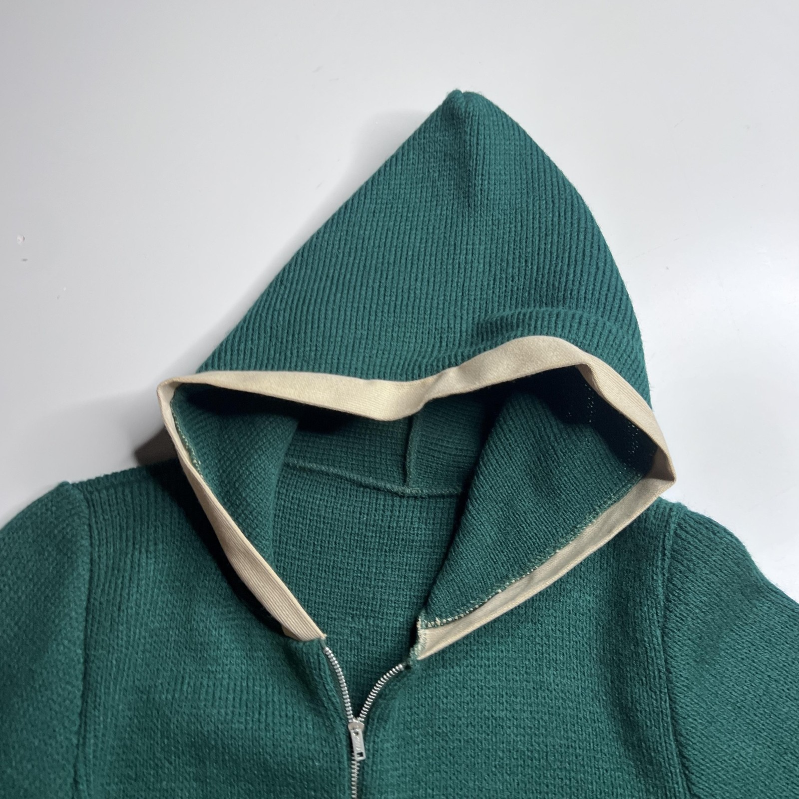 50s Vintage Hoodie Sweater M Green Hooded Full Zip Knit Jacket Pockets