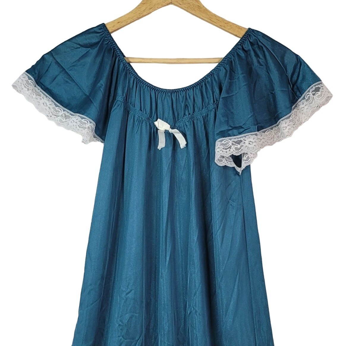 Dream Wear NIghtgown Blue Green Medium Lace Trim Nylon Flutter Lingerie USA VTG