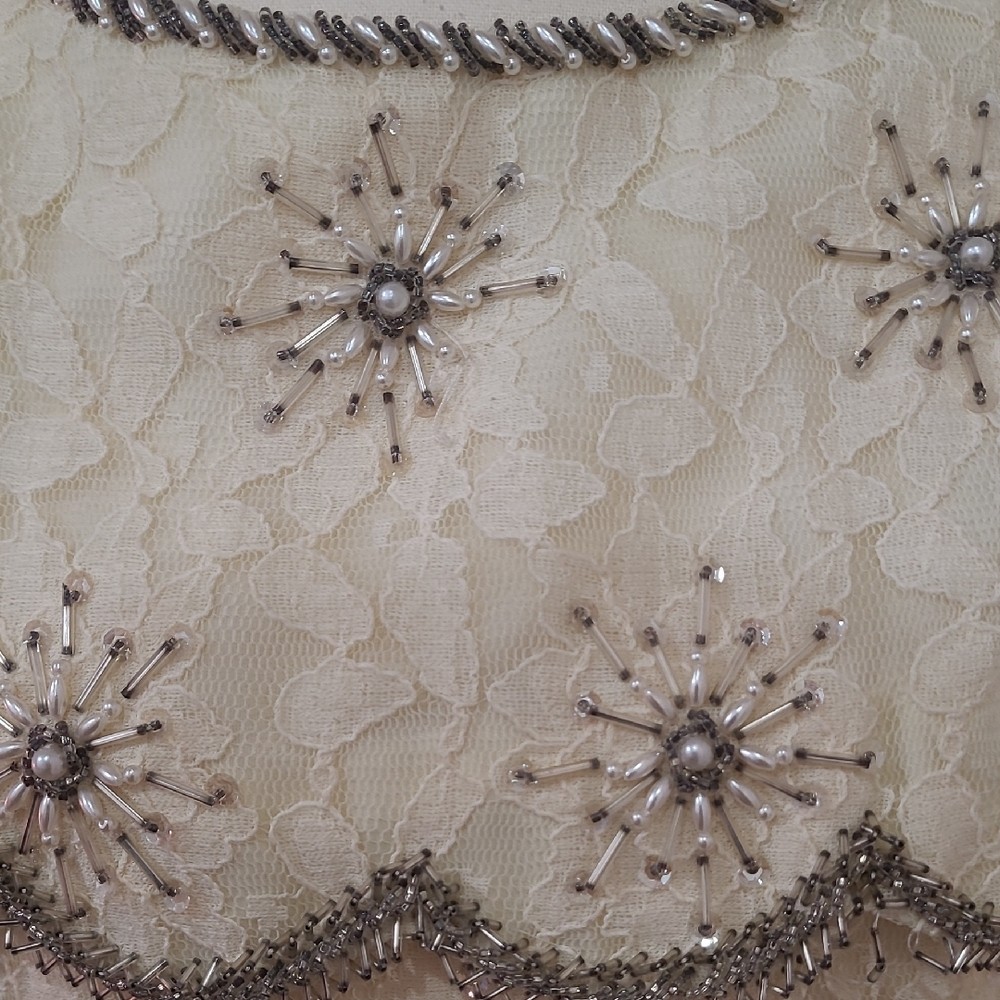 Andora Vintage 1950s/1960s Cream Lace Shift Dress with Beaded Starburst Accents