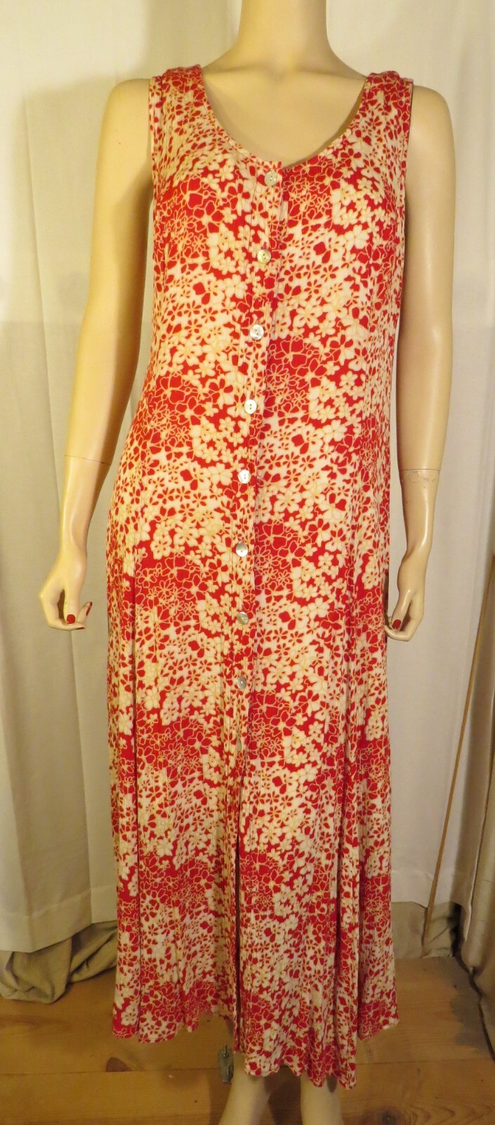 Vintage 90’s Red White Floral Rayon Crape Dress Barn Summer Dress Sz 10