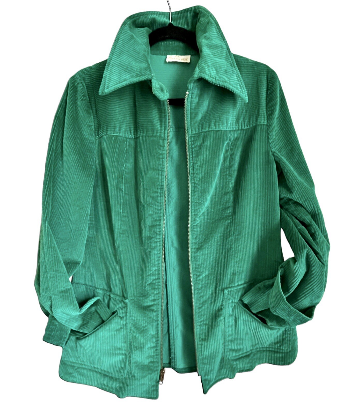 1970s Women’s Austin Hill Green Corduroy Dagger Collar Metal Zip Jacket Shacket