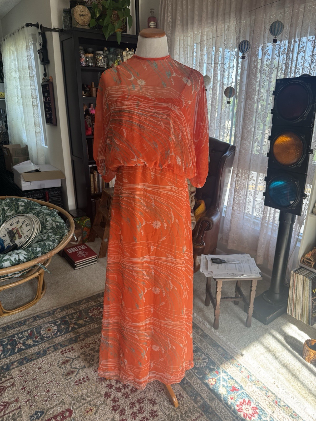 Vintage 60s Chiffon Satin Hawaiian Maxi Dress M Orange Batik Tiki Hostess Gown