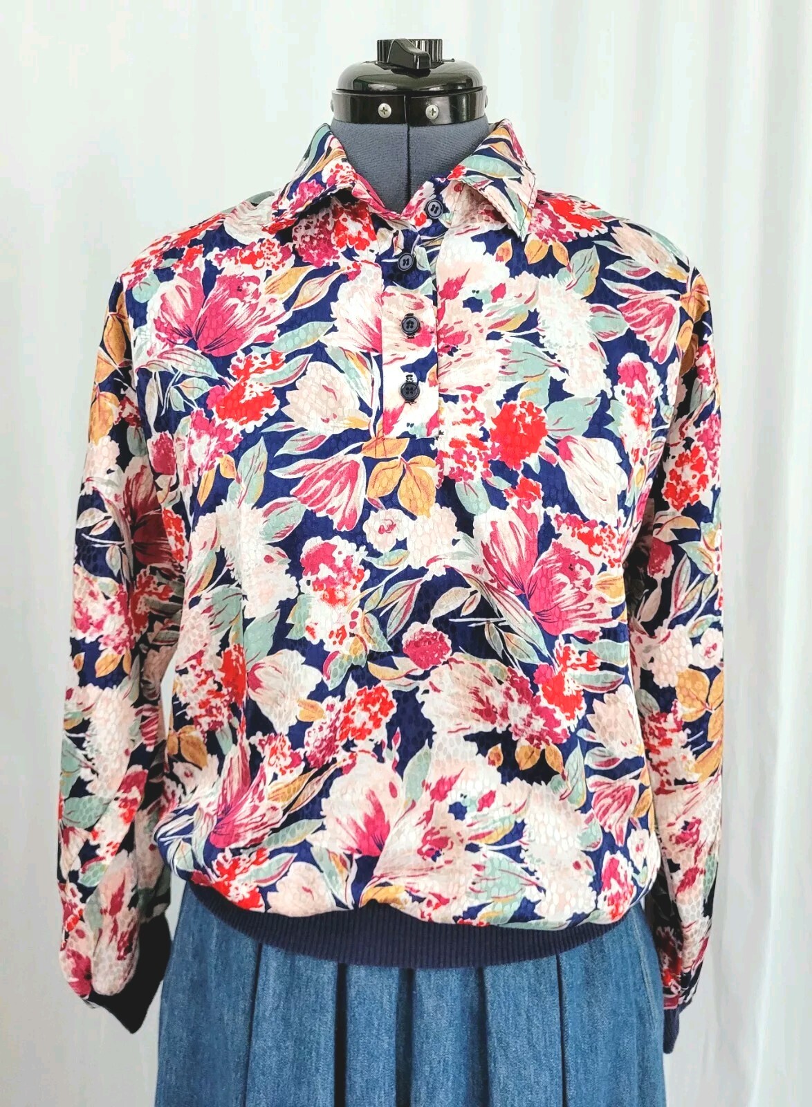 Vintage Jeri Marque Floral on Navy Blouse w Knit Cuffs & Waistband Sz M/L?