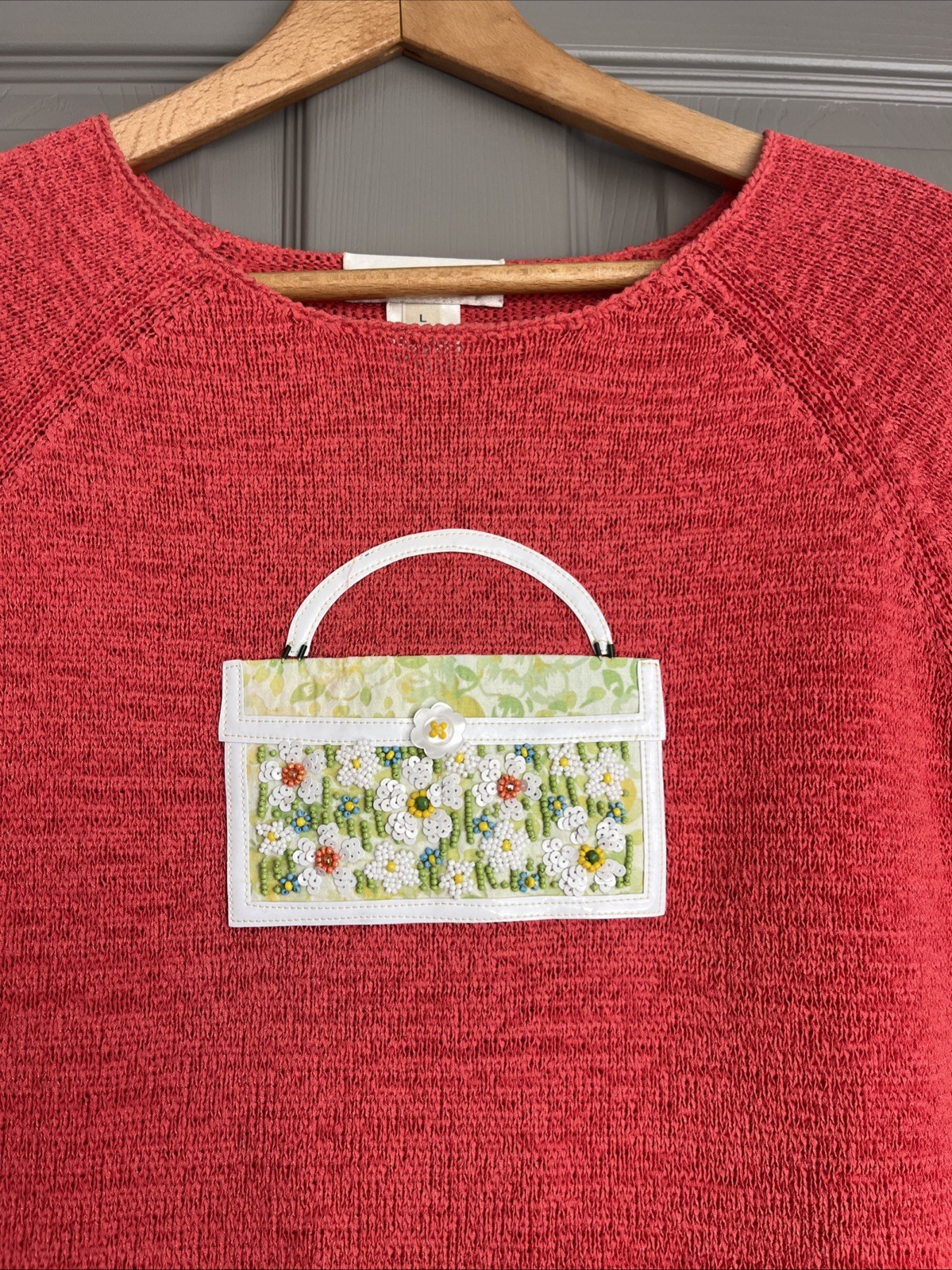Vtg Susan Bristol Hand Embroidered Sweater Beaded Floral Purse Applique Large