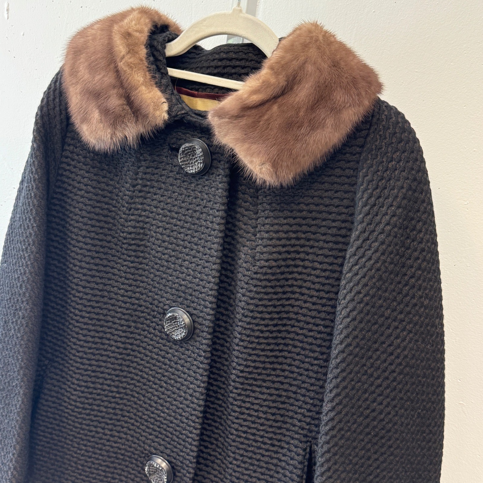 Vintage John Wanamaker Fur Collar Textured Wool Overcoat ILGWU Union Made Black