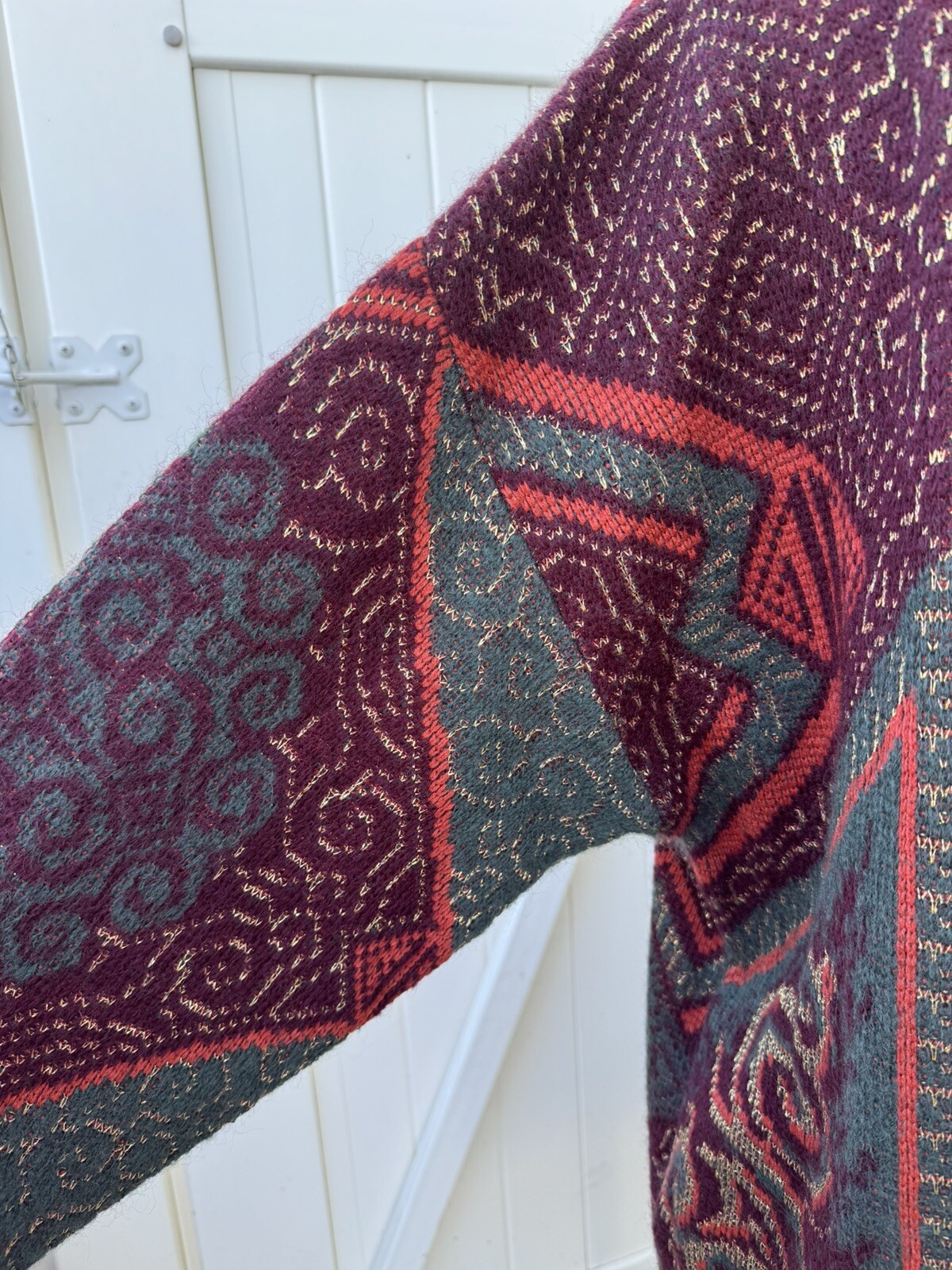 Vtg Cervelle Long Sweater Duster Size XL Burgundy Gold Wool Lurex Fall Pockets