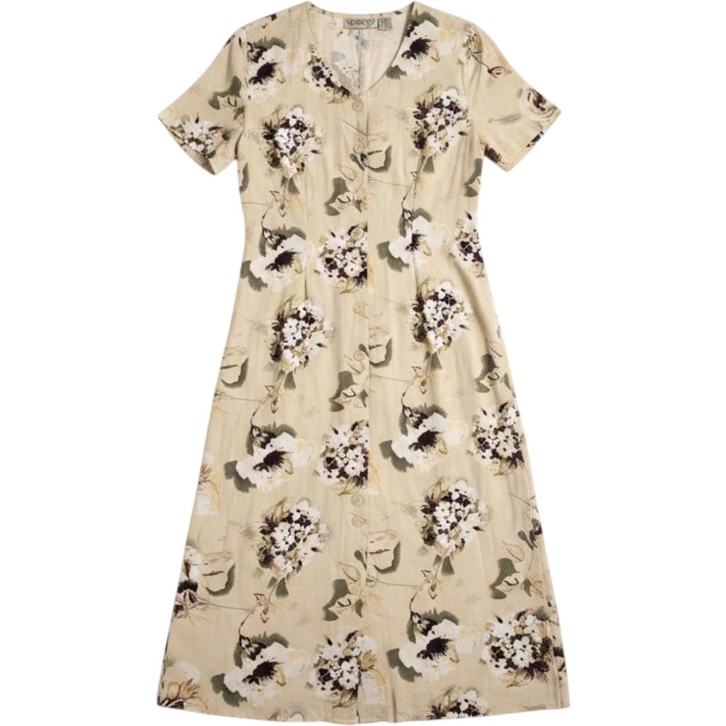 Beth & Me Vintage 90s Floral Rayon Button Down Midi Dress Tan Brown Womens Small