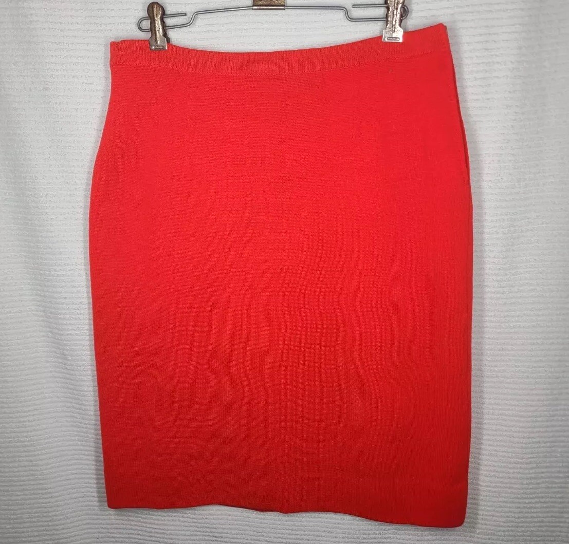 Vtg Wool Knit Skirt Fluoro Orange Gina Teresa Metal Zip Slim Stretchy 14 Mod M L