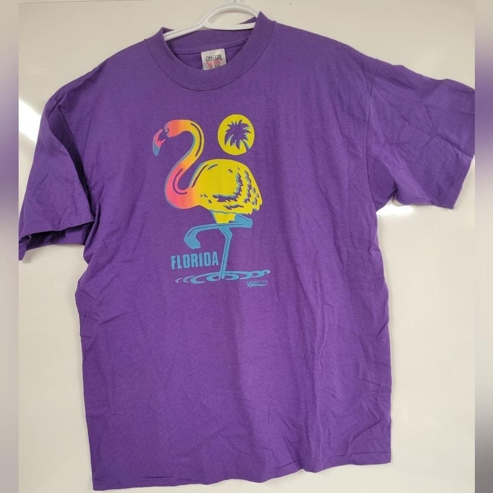 Vintage Florida Flamingo Graphic 90s Purple T-Shirt Made In USA Single Stitch XL
