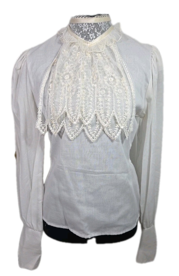 Vtg 70s Gunne Sax Gold Tag Prairie Jabot Collared Edwardian Victorian Blouse – M
