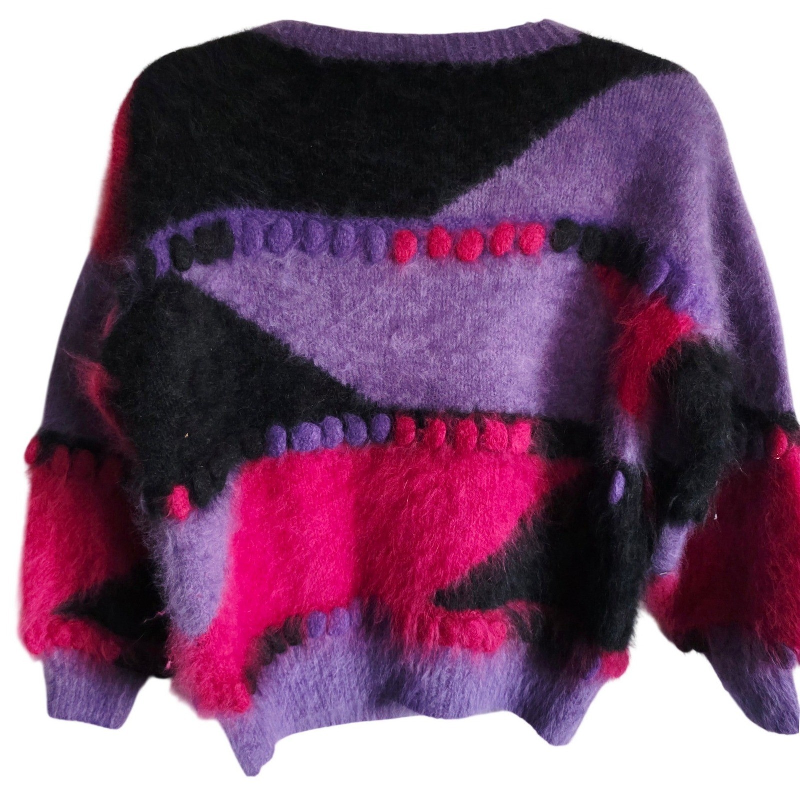 Vintage 80s L Angora Lambswool Abstract Colorblock Fuzzy Sweater Purple Pink