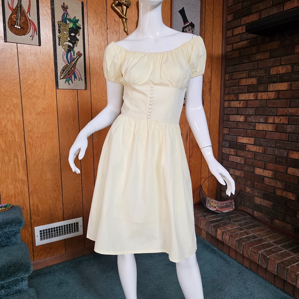Vtg 1950s Milkmaid Lemon Swiss Dot Circle Skirt Off Shoulder Party Dress XS/S P