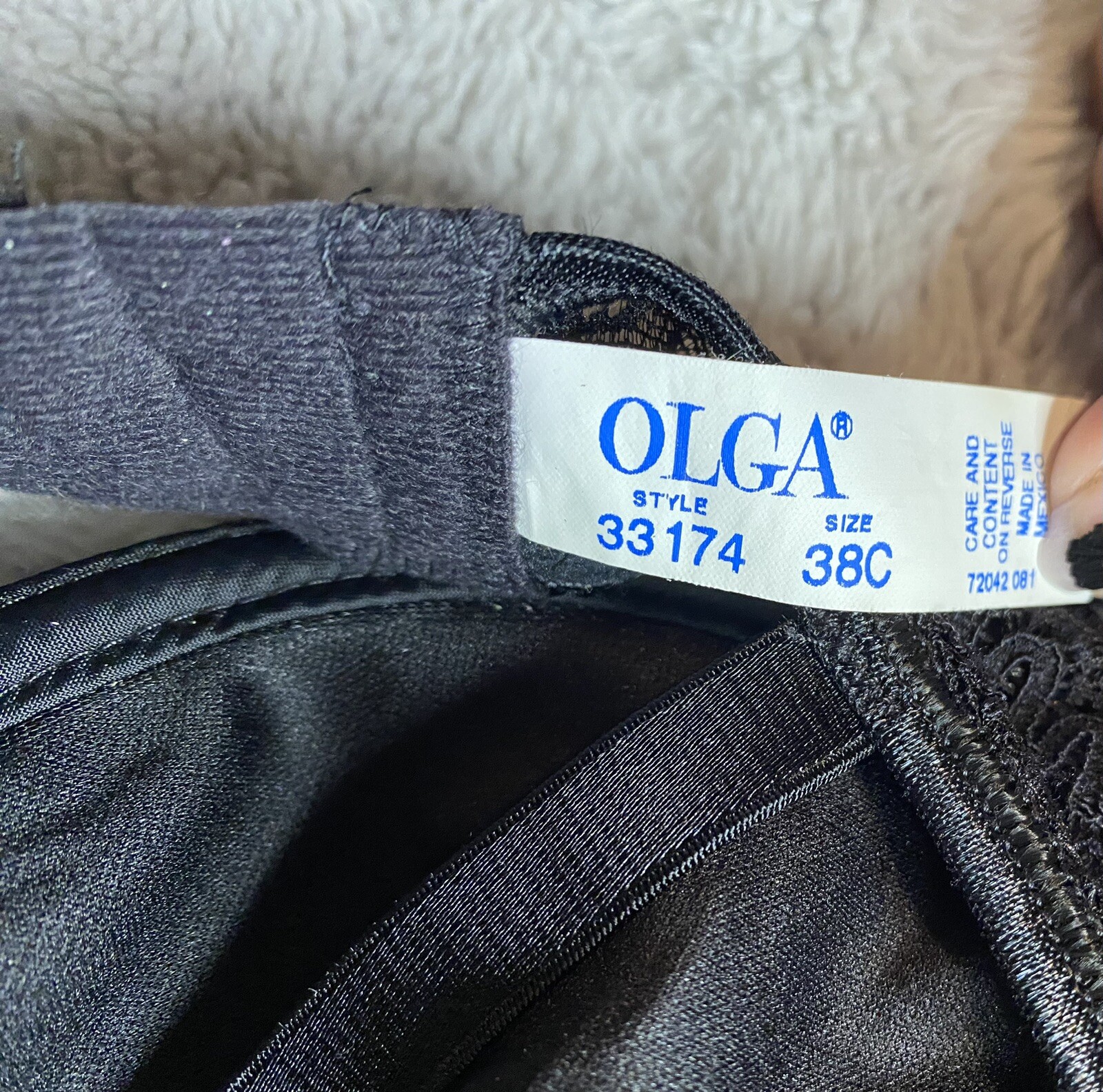 Vintage NWT Olga Black Lace Velvet Bra Bow Rhinestone 38C READ