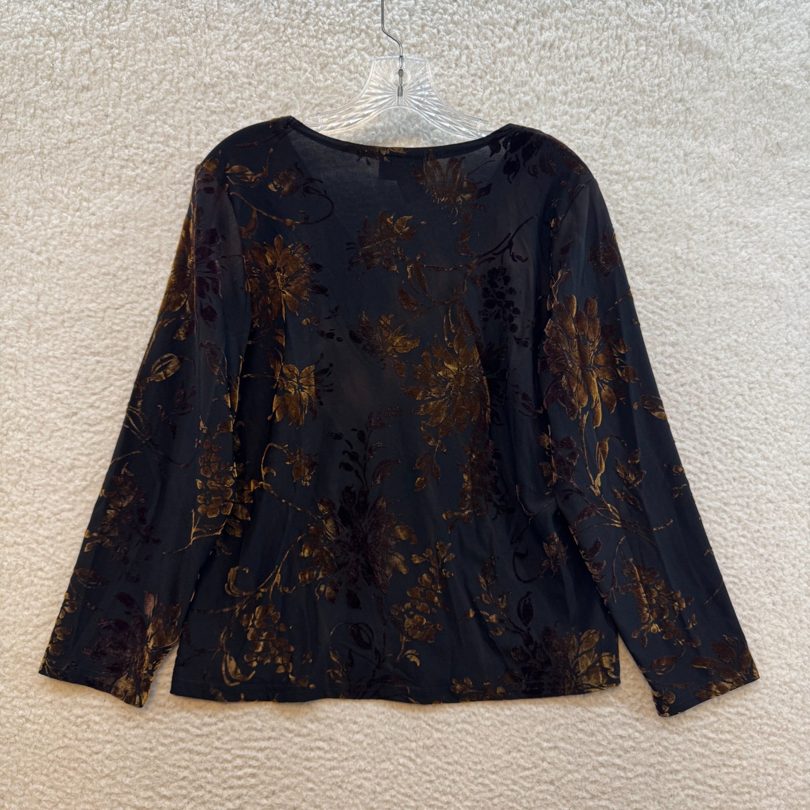 90s Vintage Top XL Black Floral Slinky Stretch Long Sleeve V-Neck Boho Grunge