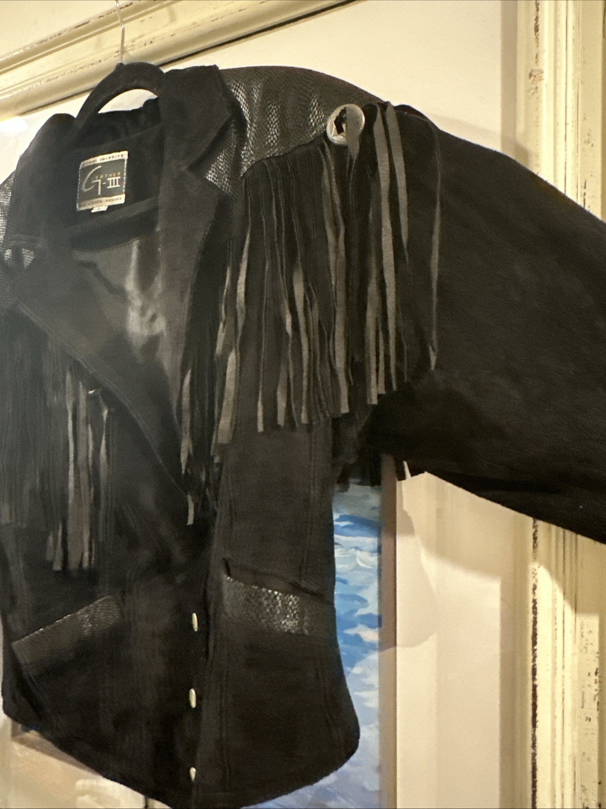 Global Identity Leather Jacket Western Rodeo Fring Black Sz L Rn 54163