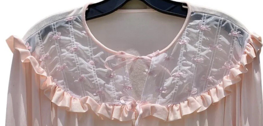 Vintage 60s Pink Ruffle Chemise Bed Jacket Size L Boudoir PJs Lingerie Coquette