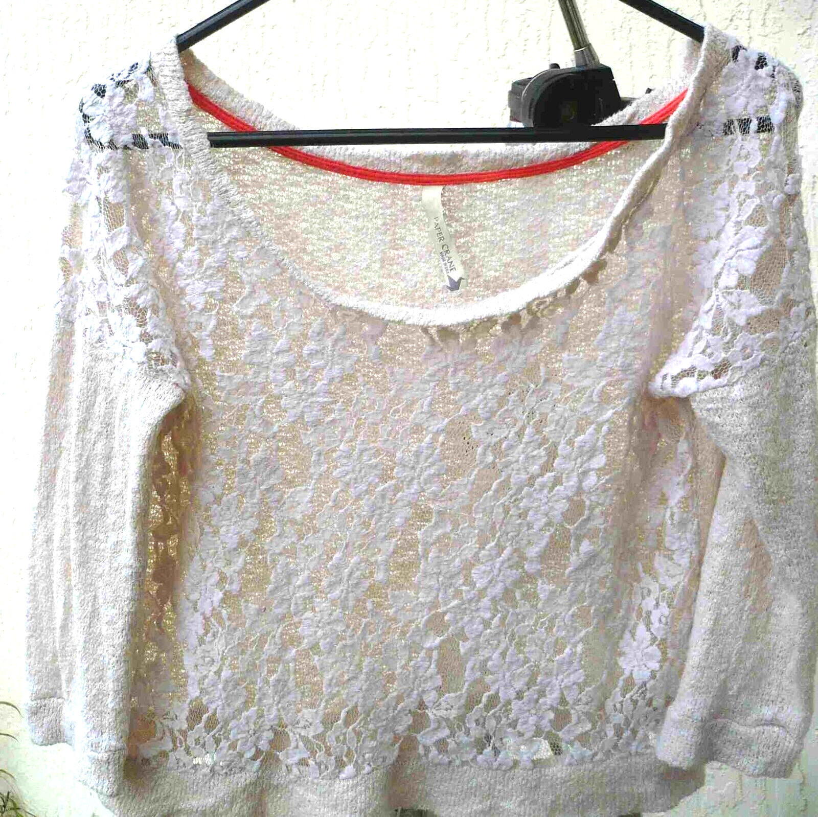 VTG PAPER CRANE IVORY SWEATER LACE MESH NET STRETCH CROP TOP L M USA MADE WOMEN