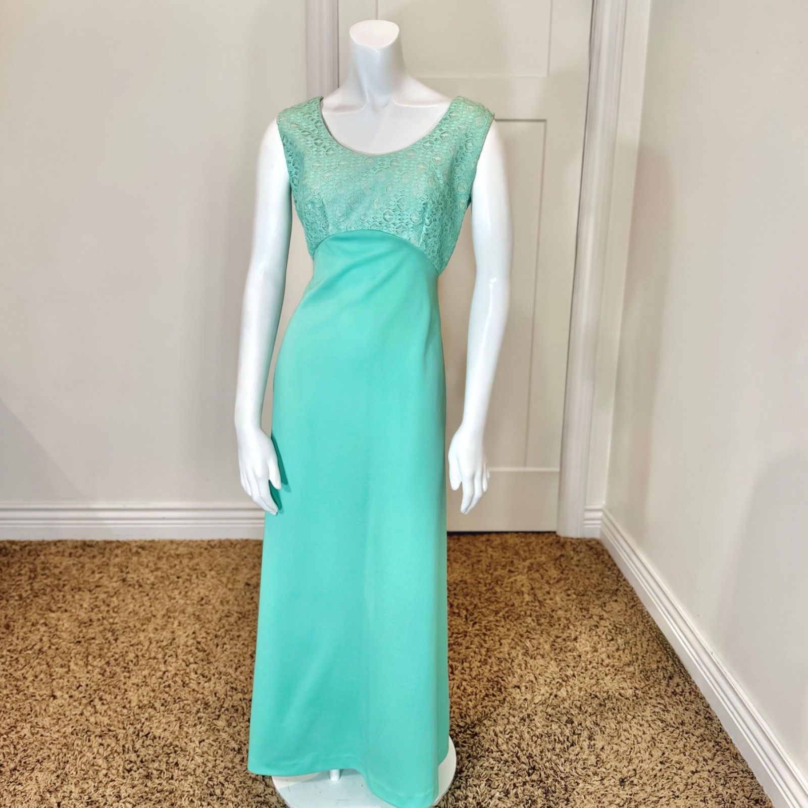 Vintage 70’s LACE MAXI SHIRT JACKET x DRESS SET M MCM Retro Green Suit Evening