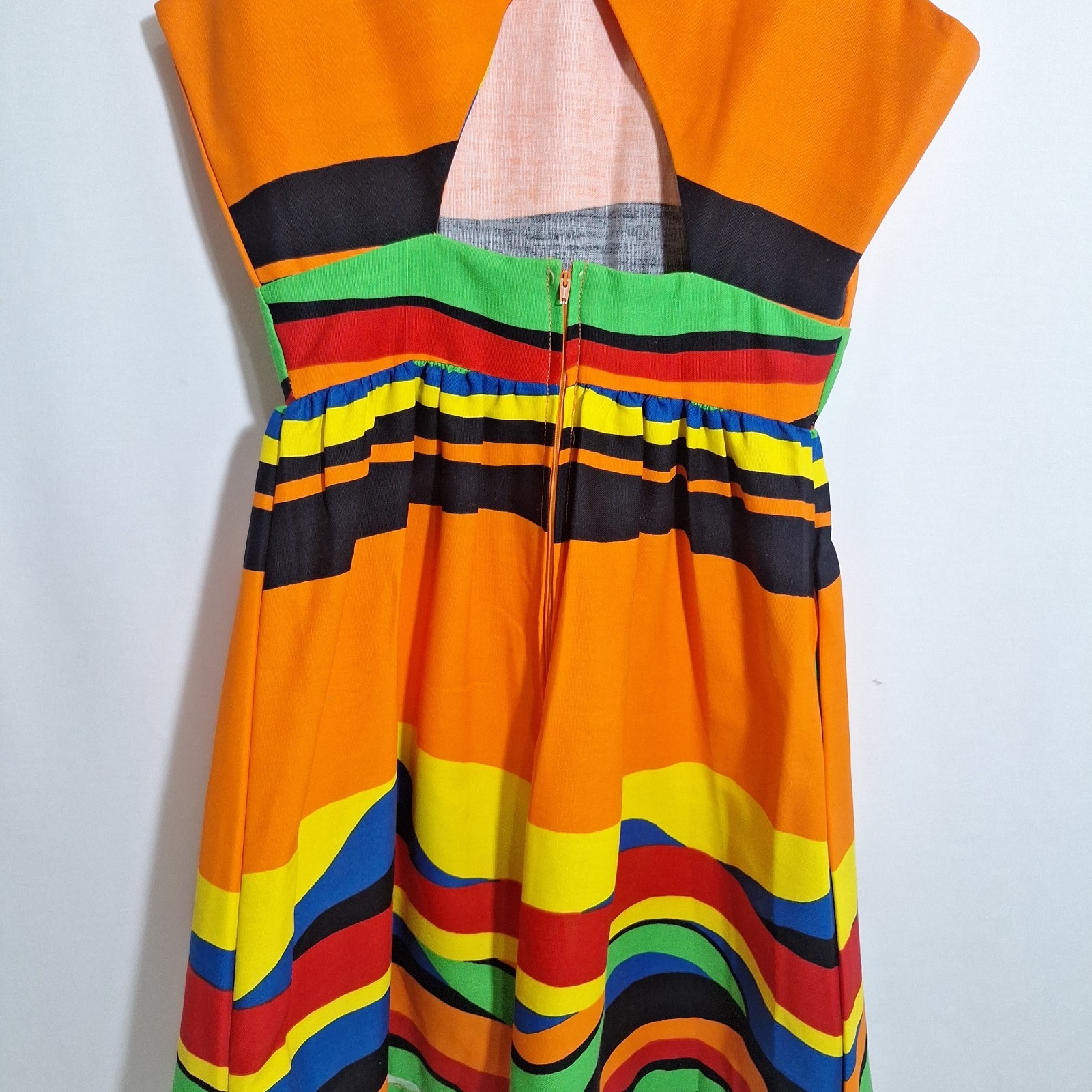 Vtg 70s Malia Honolulu Rainbow Striped Dress Cutout Open Back Mod Pop Art Small