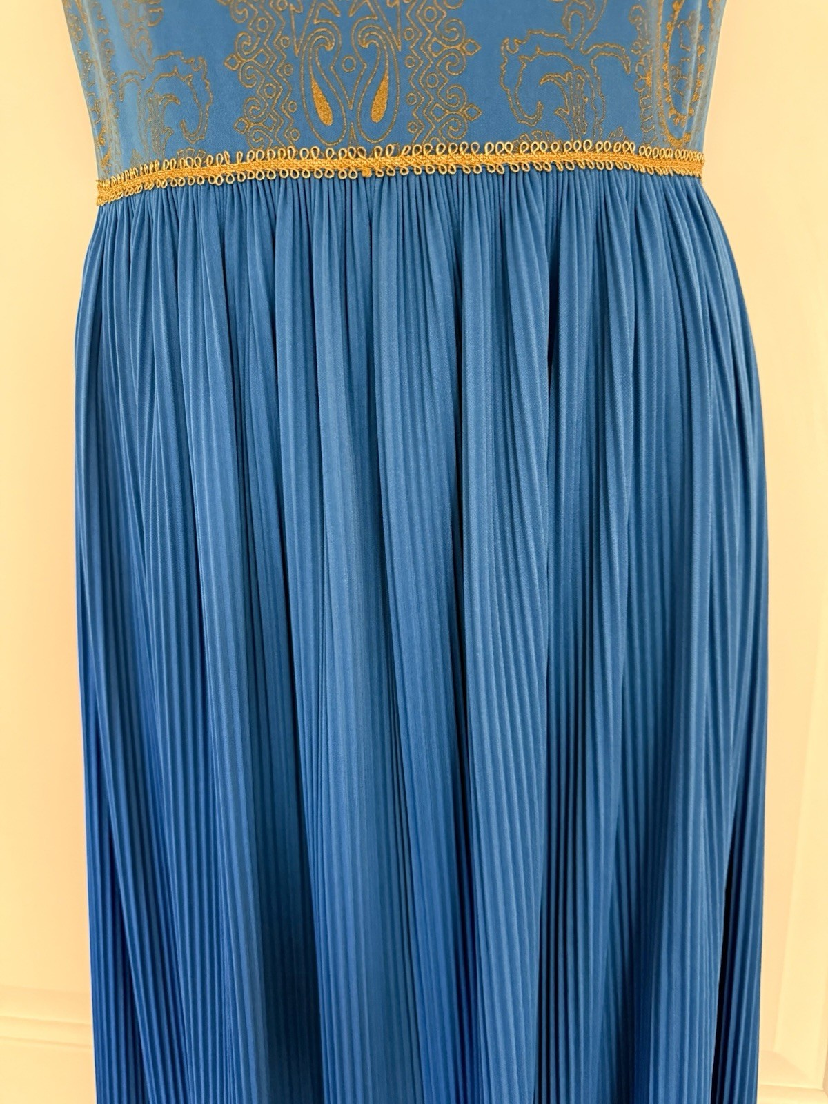 Vintage Alfred Shaheen Asian Inspired Hawaiian Aloha Maxi Dress Sz 8 Blue & Gold