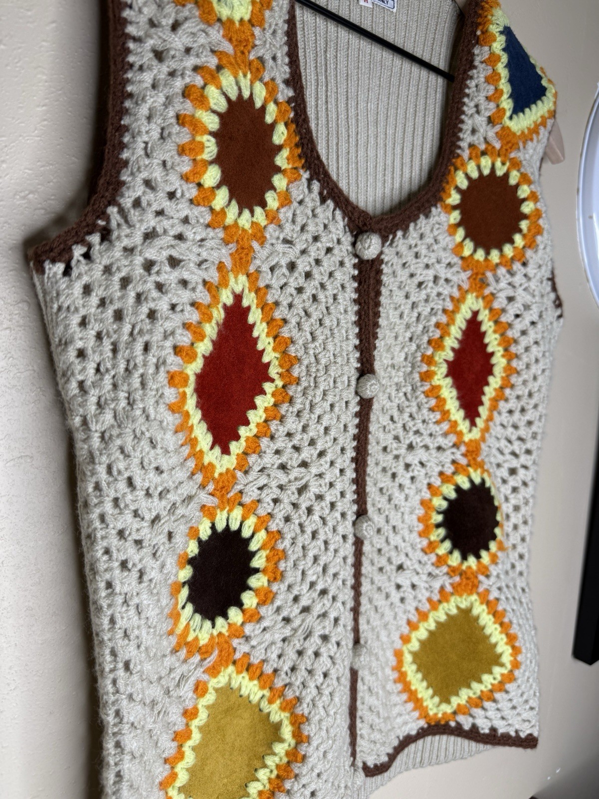 Vintage 70’s Aware Leather Knit Embroidered Crochet Vest Size Medium