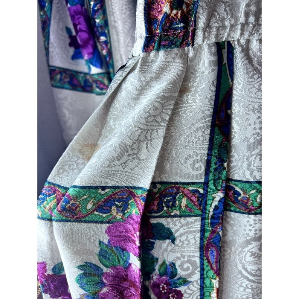 Vintage 80s Schrader Silver Purple Floral Satin Long Sleeve Midi Dress