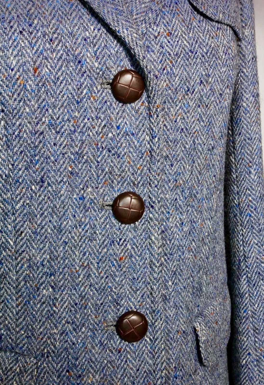 Donegal Tweed Jacket Blazer Wool Vintage Blue Grey Hourihan Dublin Leather