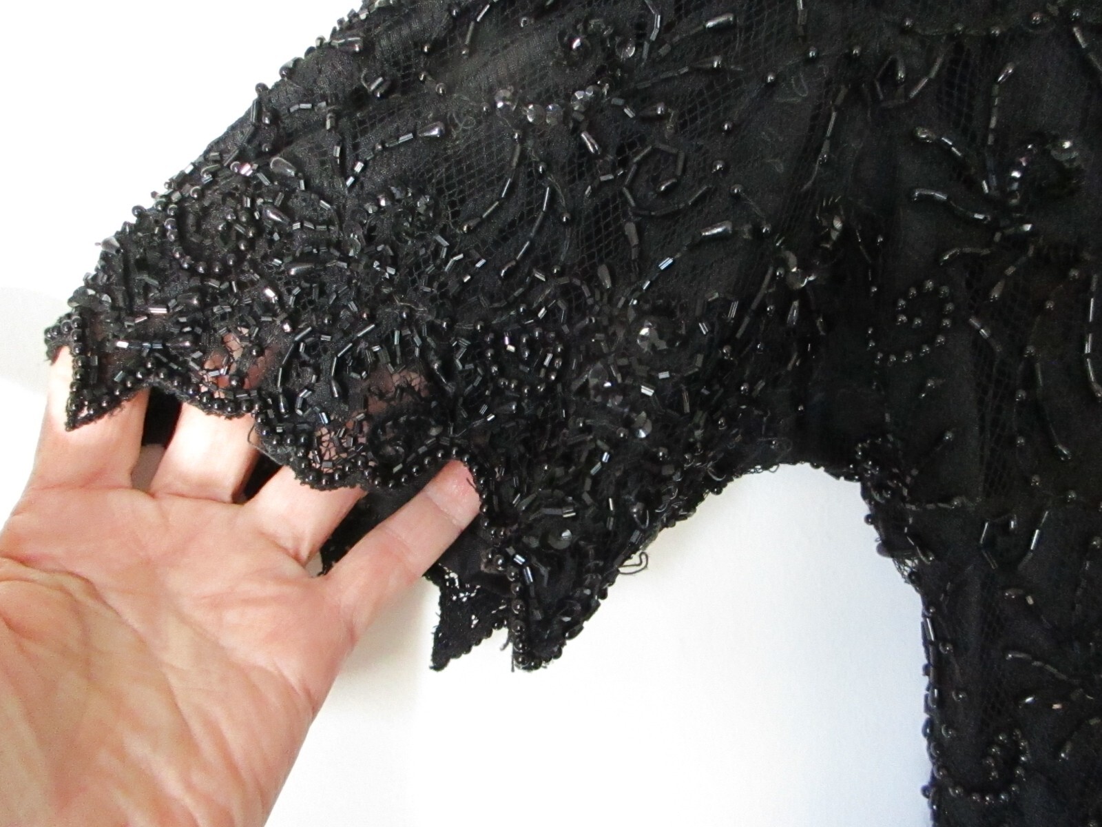 Vintage Brilliante by J.A. Black Beaded Evening Gown L short sleeve Open neck