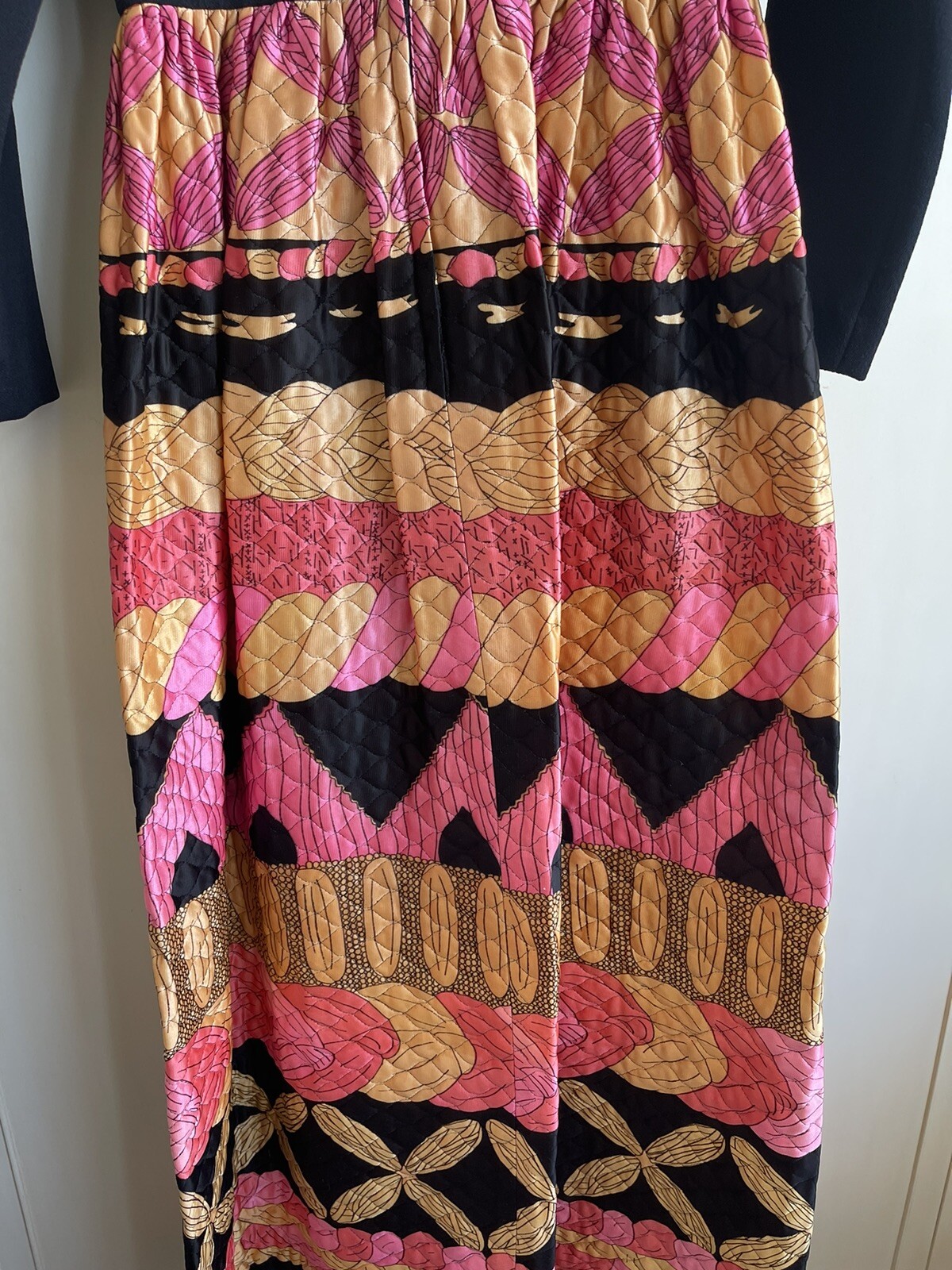 Vtg MCM 1960s EVE LE COQ Maxi Dress S/M Boho Hip Chic Black Pink MAD MEN ERA