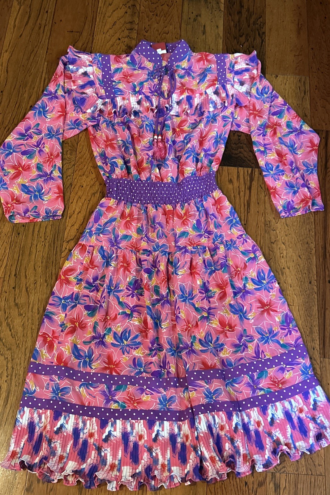 Vintage Lachine Hong Kong Pleated Ruffle Pink Purple Long Sleeve Dress P Small