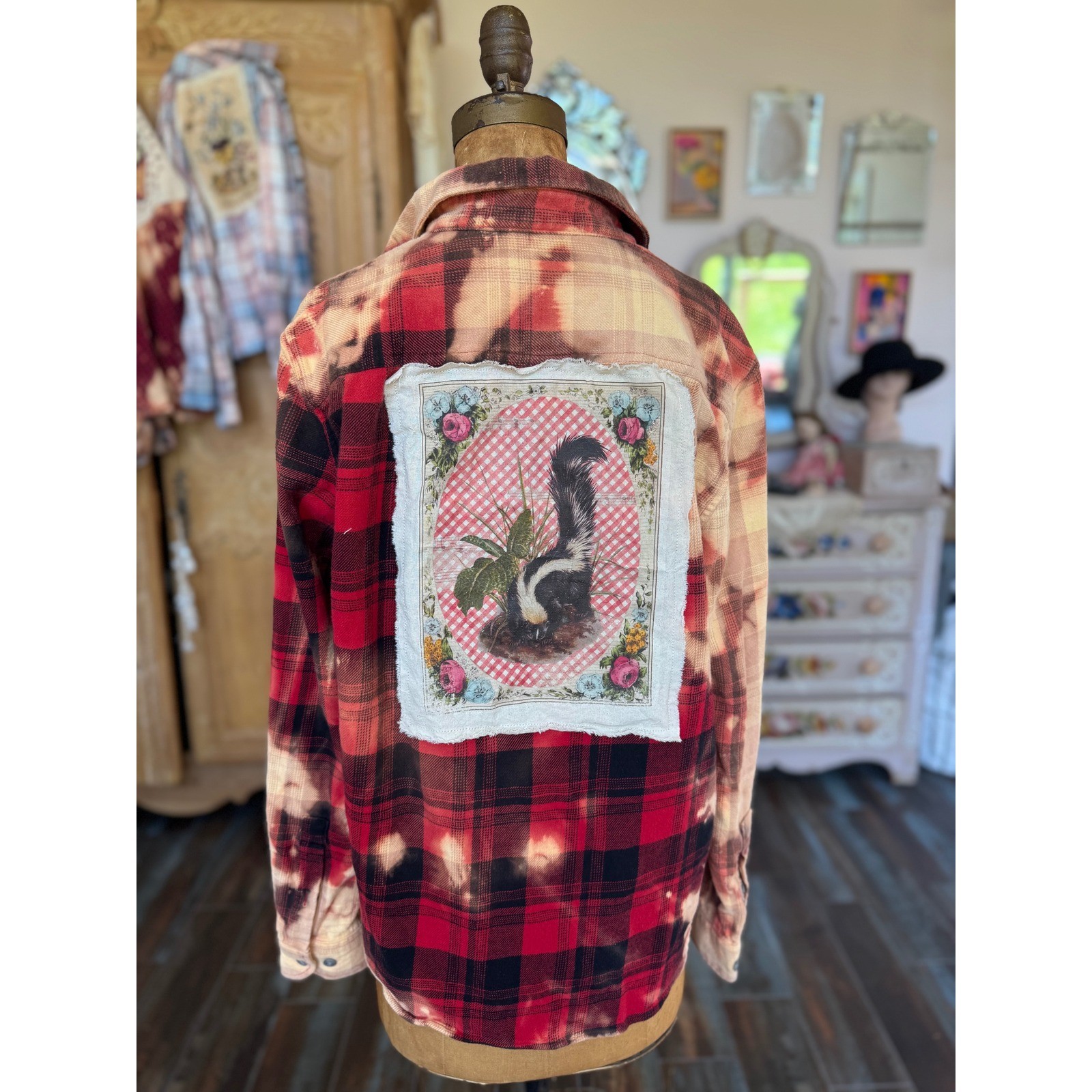 Vintage Skunk Upcycled Bleached Flannel Shirt Folk Art Medium