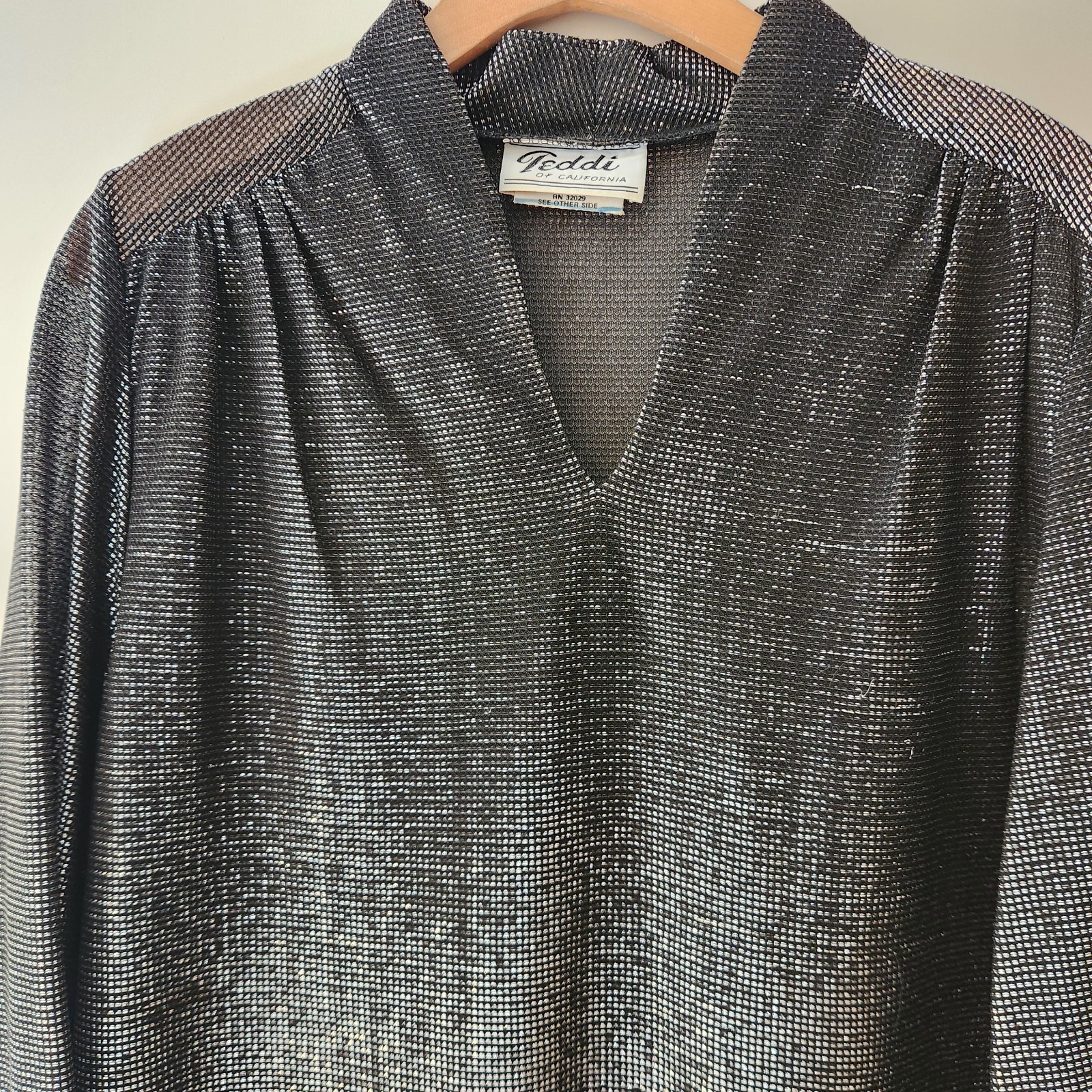 Vintage Teddi of California Black Silver Metallic Tunic V-Neck Disco Size 12
