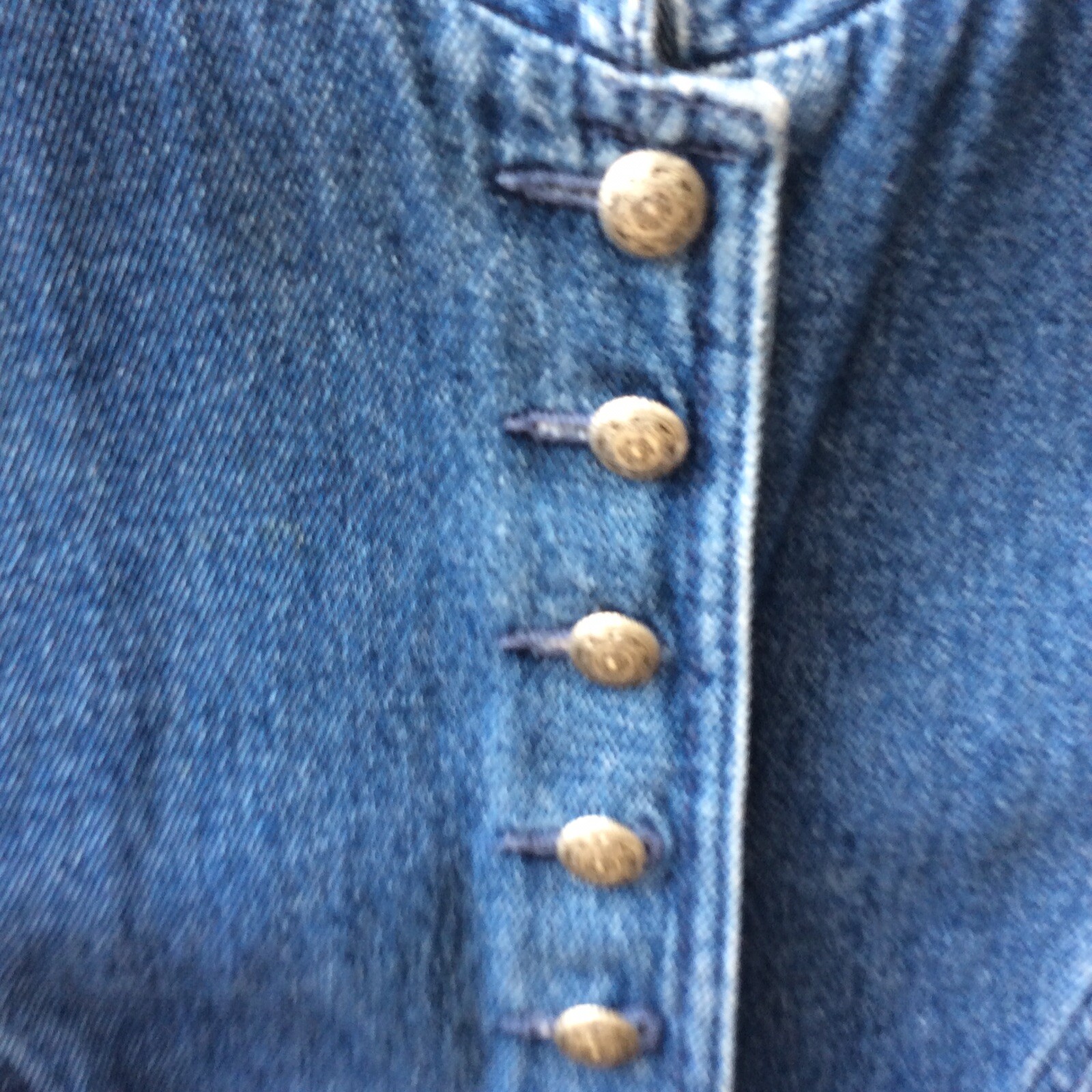 VTG 80s Blue Denim Military Look Jacket Womens Sz S? Shoulder Pads Buttons