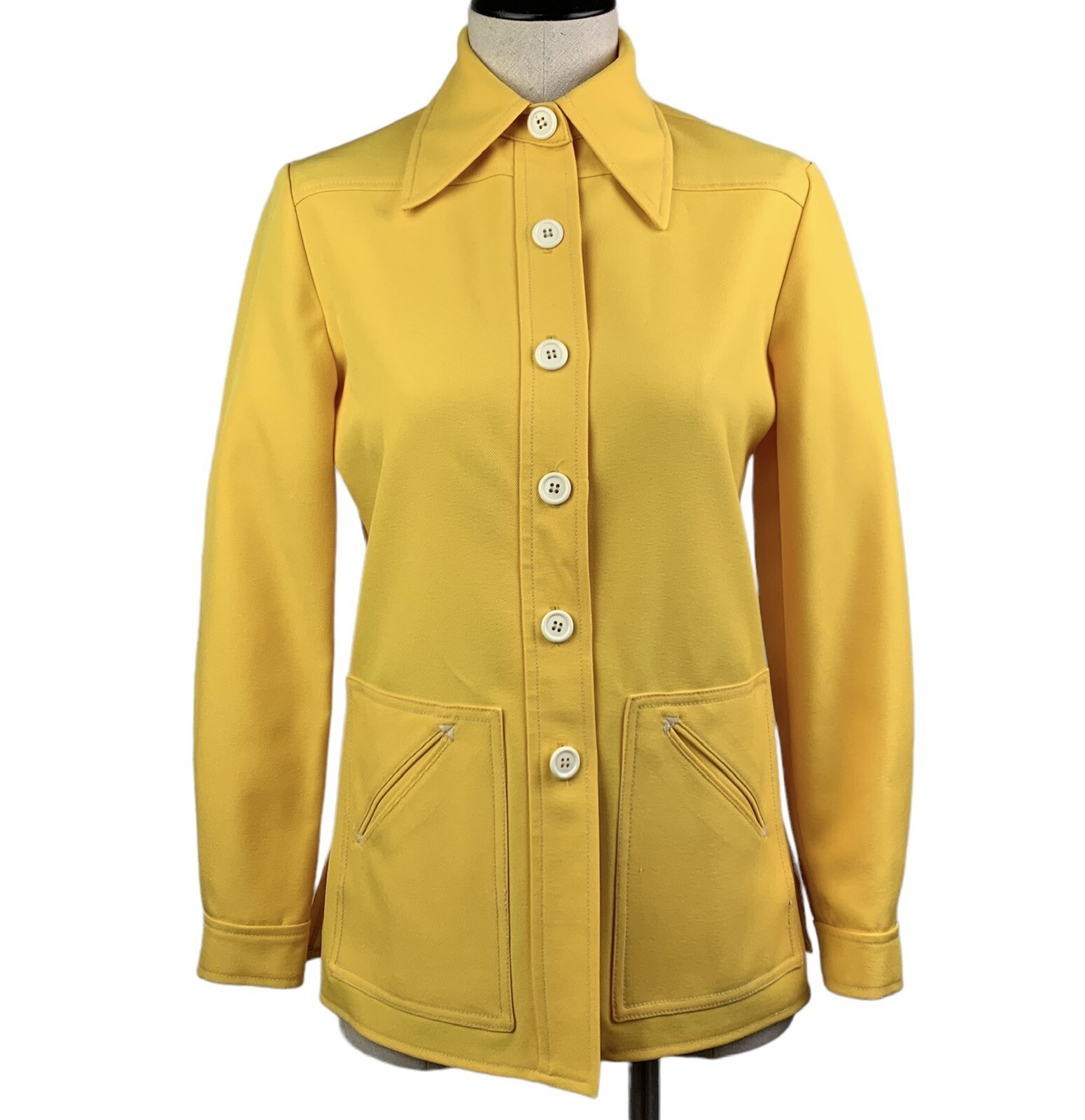 Vintage 70s sunshine yellow Big Button shirt jacket dagger collar 7-8 M Emily