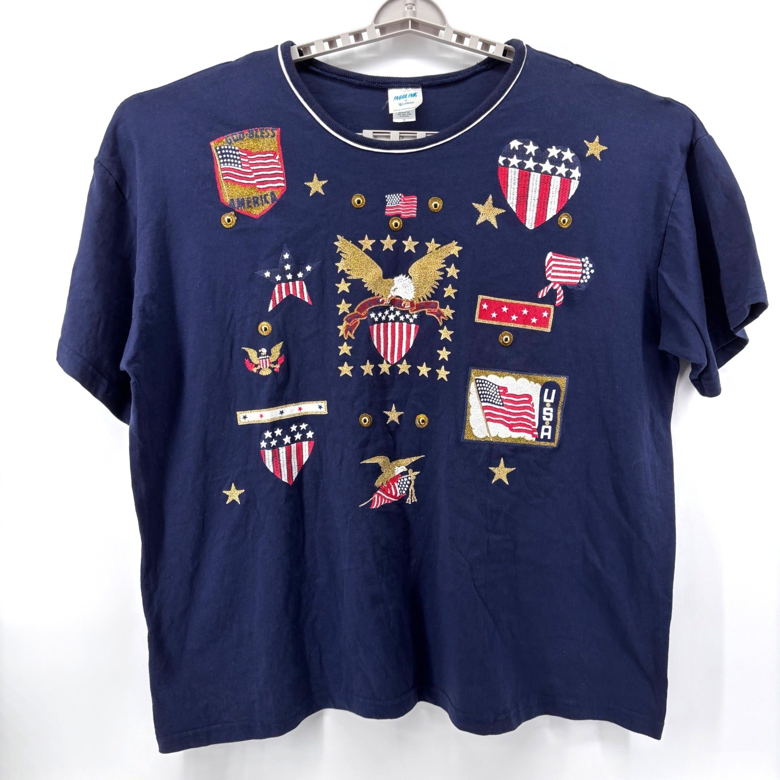 VTG 90s Shirt Women 3X Navy Blue Patriotic 4th July MADE USA Eagle Flag Stars