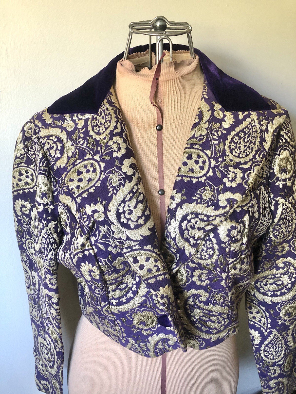 Royal Purple & Gold Metallic Paisley Brocade Cropped Jacket