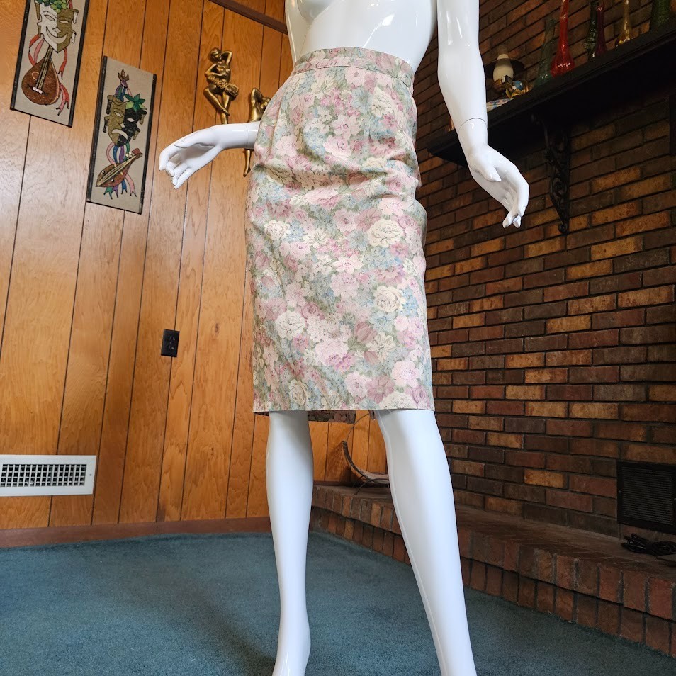 Vtg 80s Granny Cottage Floral Brat Pack High Waisted Secretary Pencil Skirt M