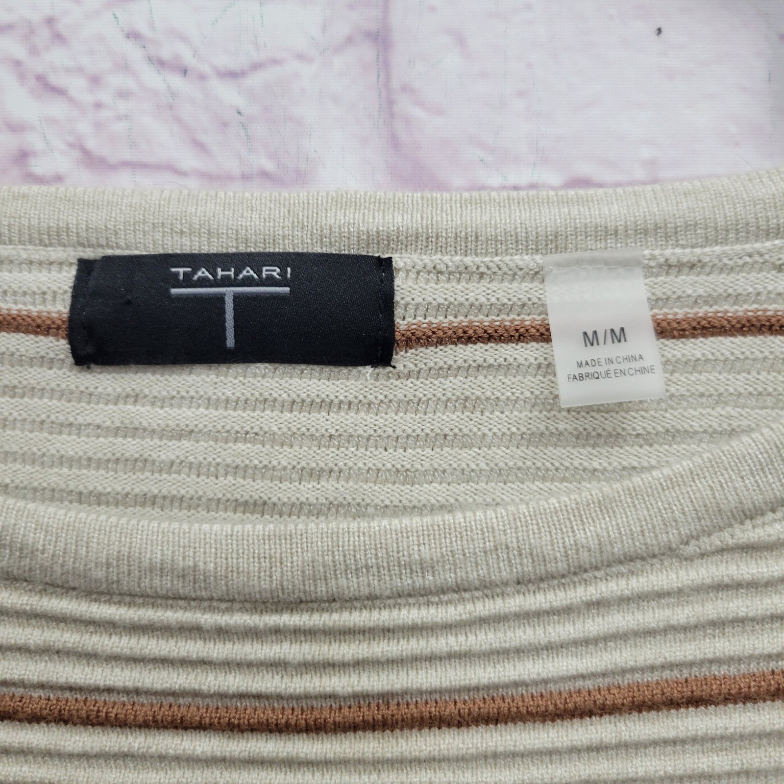 Tahari Striped Knit Sweater Womens M Ribbed Beige Minimalist Retro Cozy Grunge