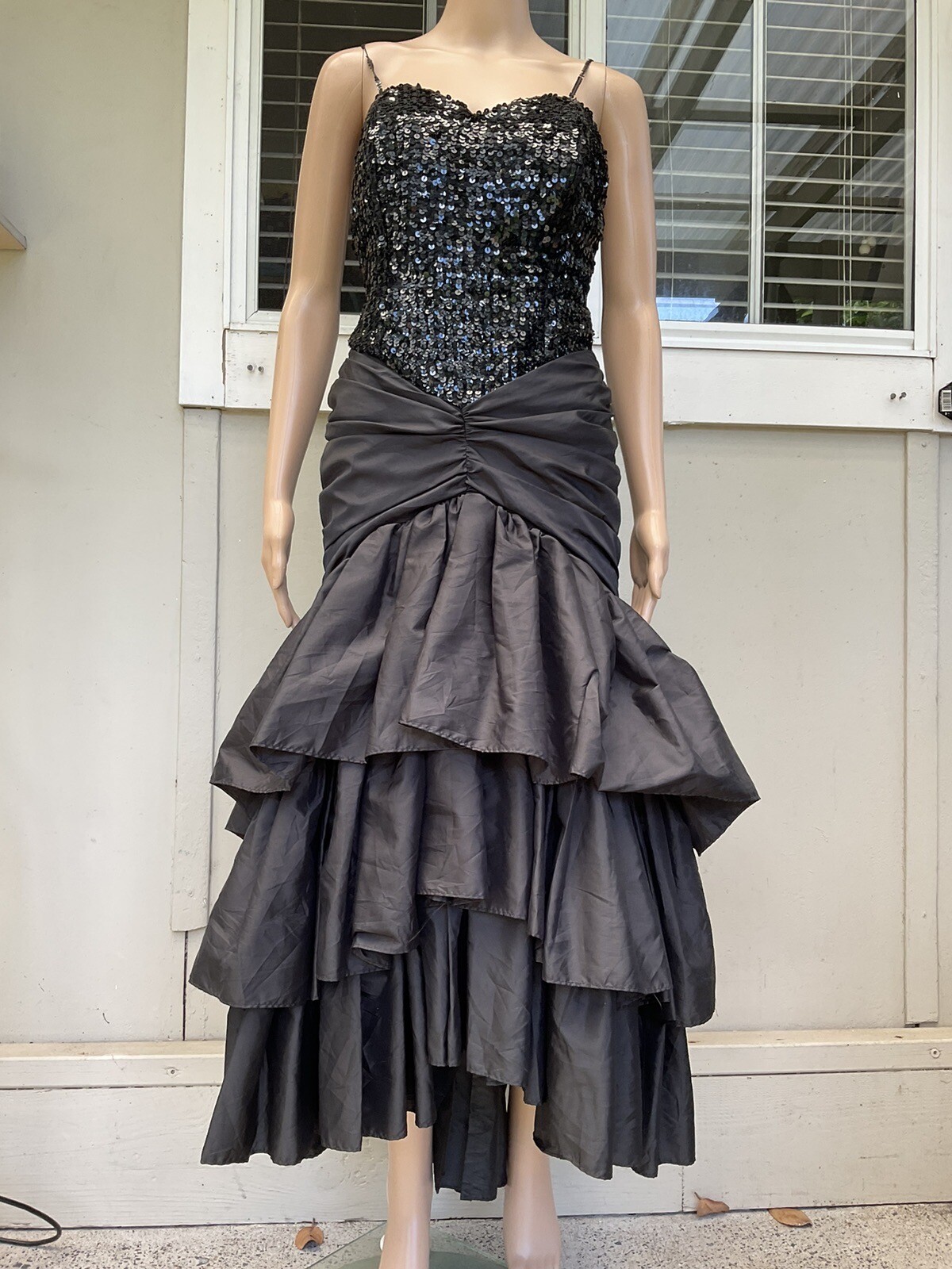 Vtg 80s Black Sequin Taffeta Burlesque Lounge Singer Formal Dress 10
