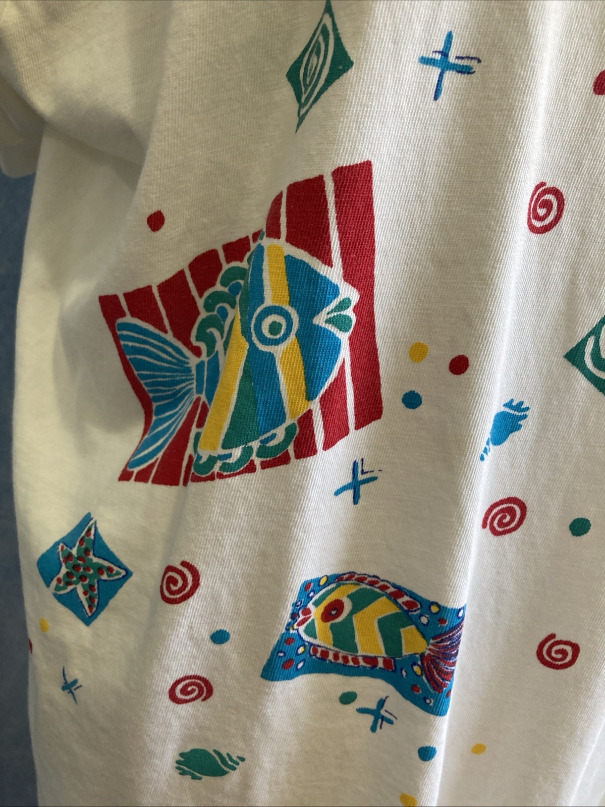 VTG 90s Oasis Tropical Fish Swirl Graphic T-Shirt Dress OS Women’s White Retro
