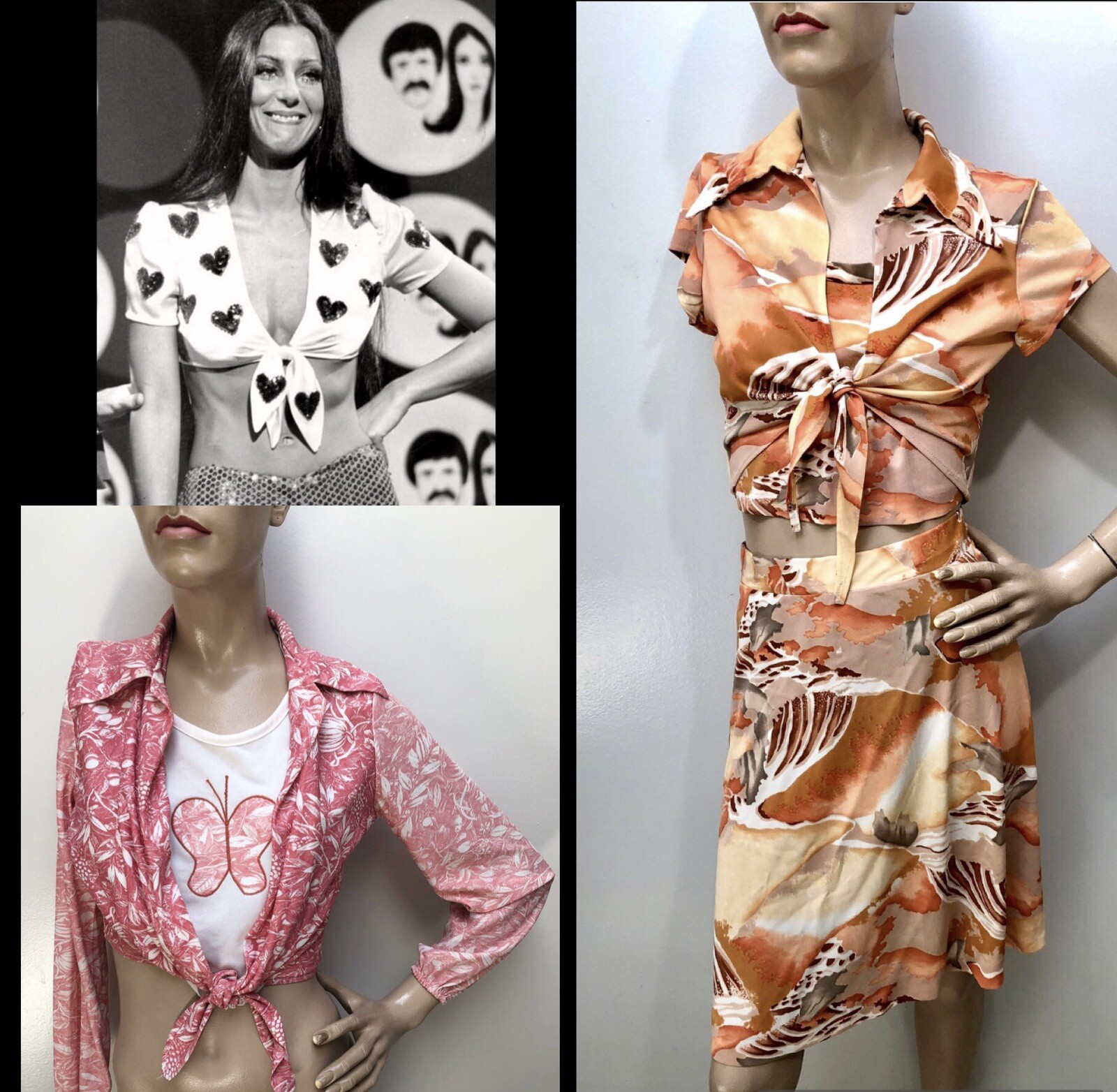 3Pc LOT* VTG 1970s NOVELTY PRINT Disco CROP TOP & MINI SKIRT Set & Butterfly Top