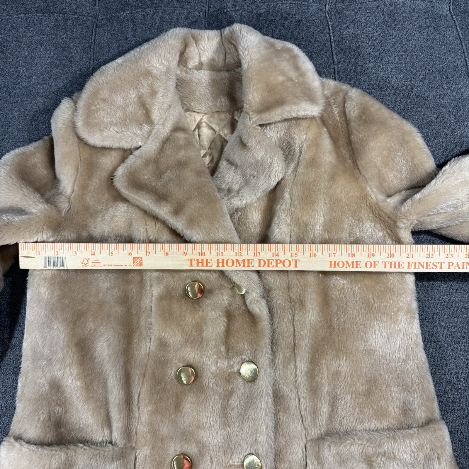 Vintage Sears Coat Womens 12 Faux Fur Camel Beige Gold Buttons Double Breasted