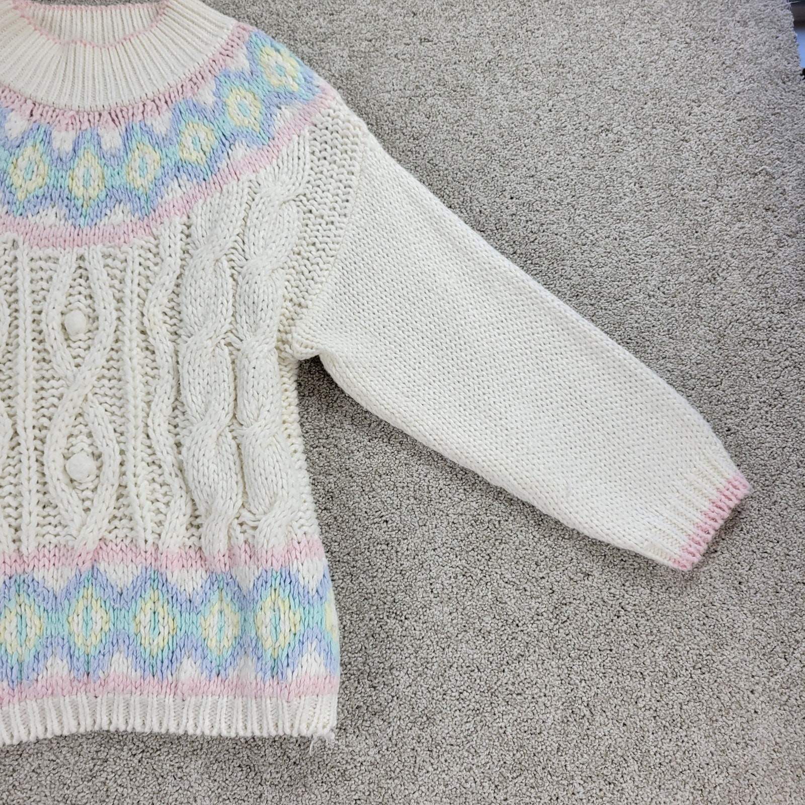 VTG Jamie Scott Sweater Womens L Cream Hand Knit Pastel Ramie Mock Neck 80s