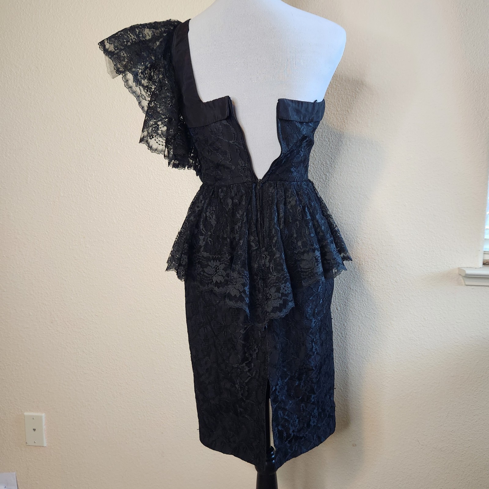 Vtg Black Lace One Shoulder Cocktail Dress 80s Peplum Climax For David Howard