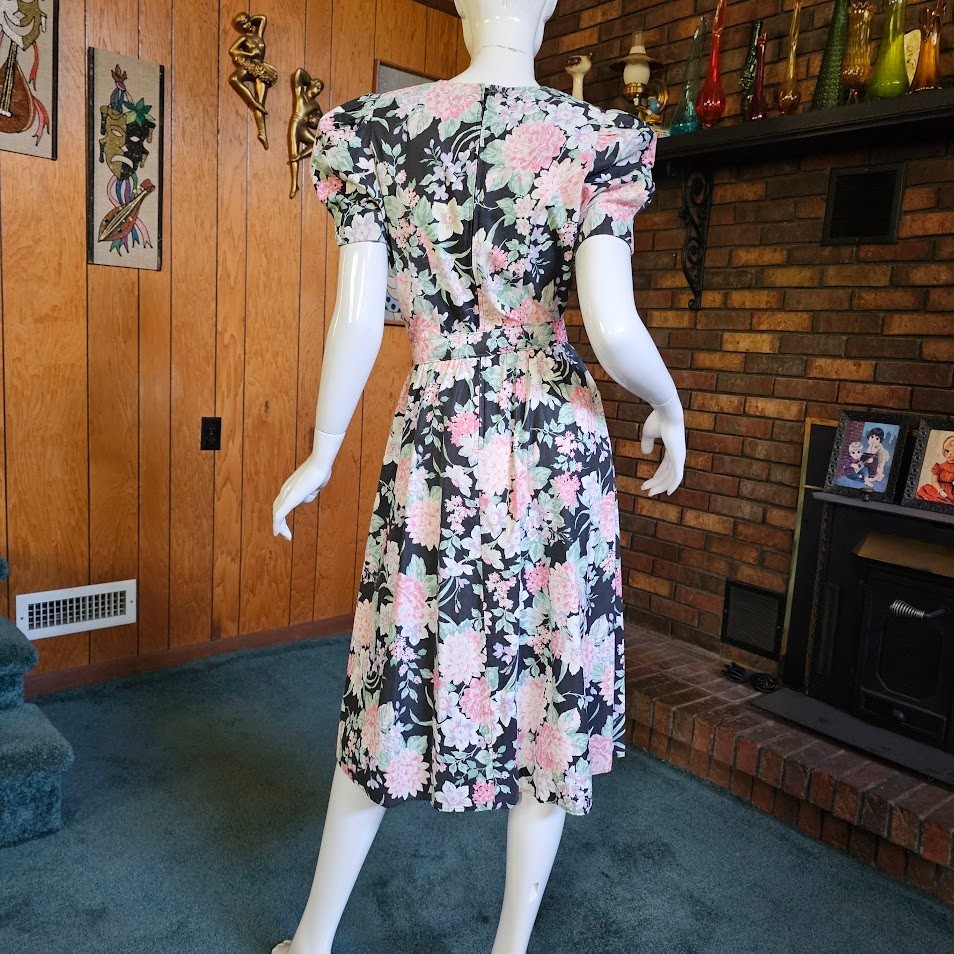 Vtg 80s Huge Puff Romantic Granny Floral Belted Shirtwaist Pockets Tea Dress M