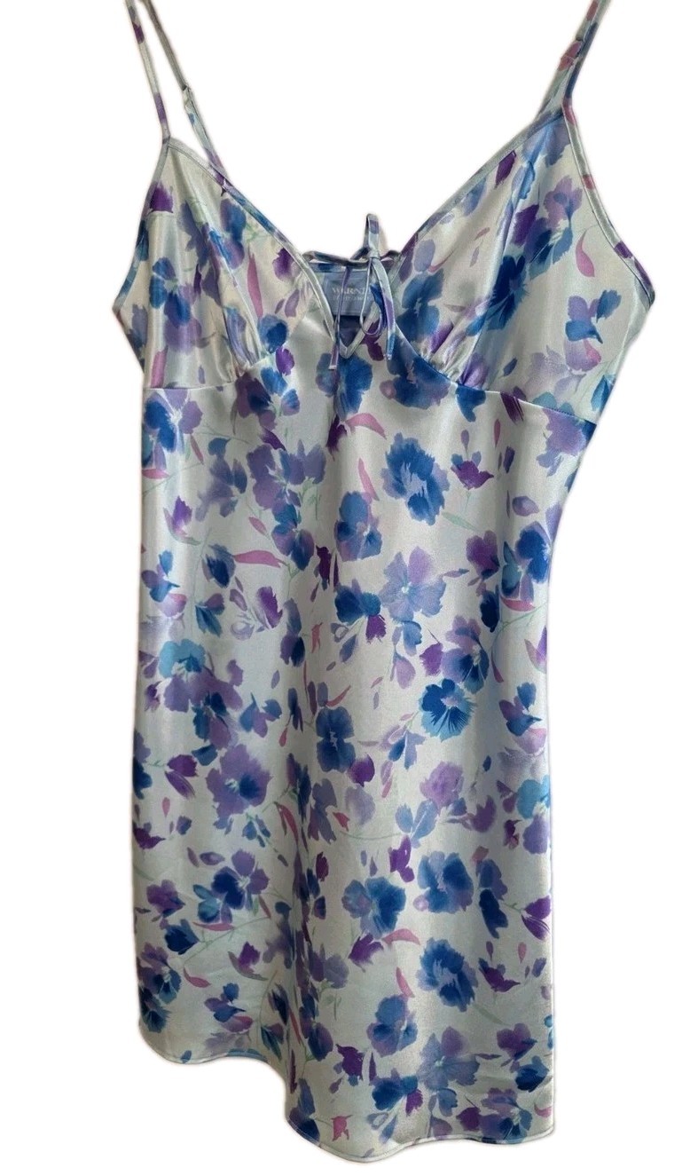 VTG Y2K Satin Nightgown Chemise Lingerie Slip Dress Size Medium Icy Blue Purple