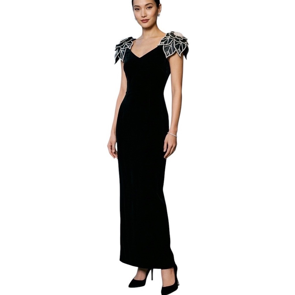 Alyce Designs Vintage Black Velvet Beaded Floral Shoulder Evening Gown 12/14